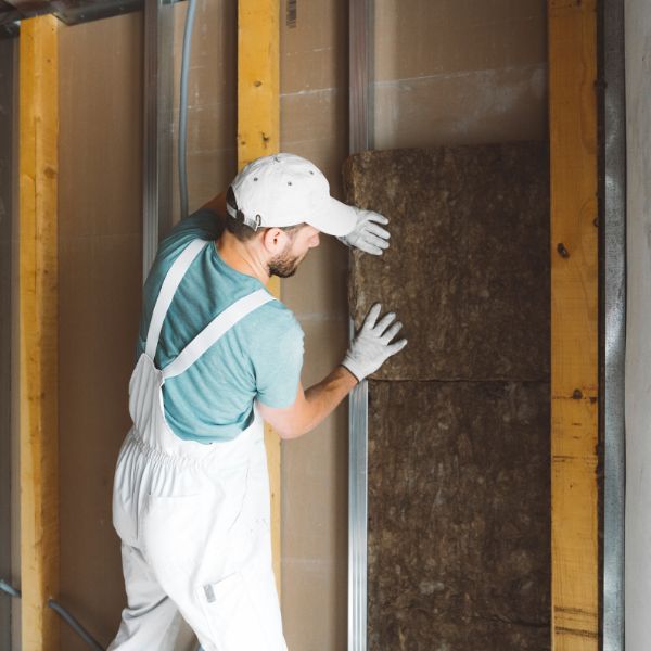 man installing insulation in house