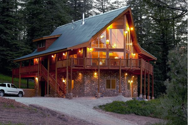 cabin with lights on