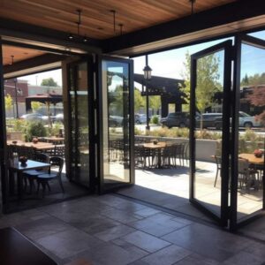 Restaurant with glass folding walls looking out to the patio