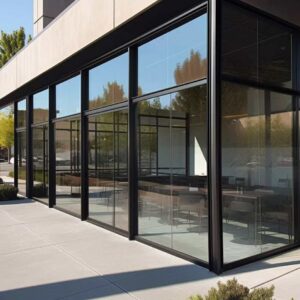 Outdoor view of glass folding doors on office building