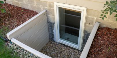 view of egress window from outside of house
