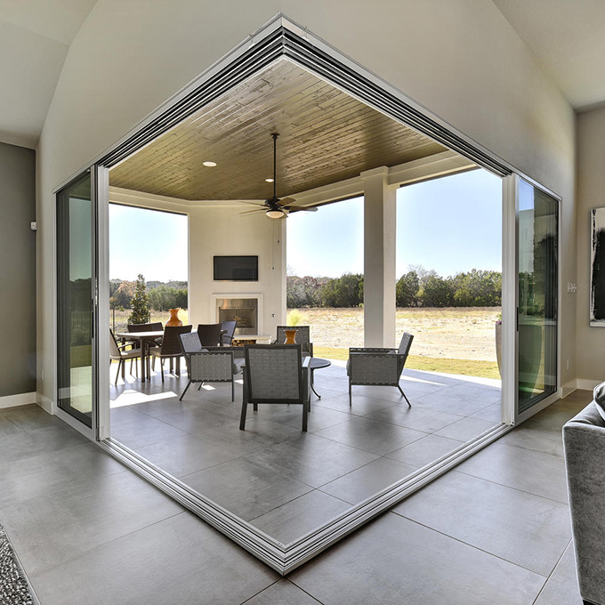 Outdoor view of glass folding doors on office building