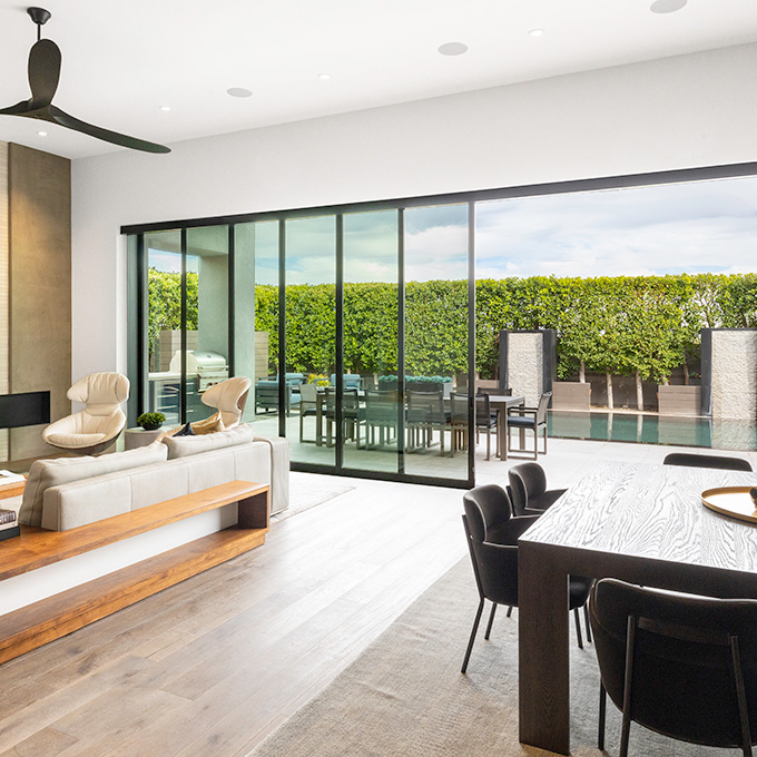 Outdoor view of glass folding doors on office building